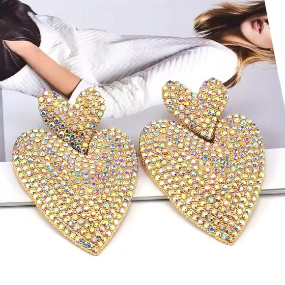 Statement Heart Earrings | Gold-Tone Rhinestone Drop Dangles - Picture 3 of 9